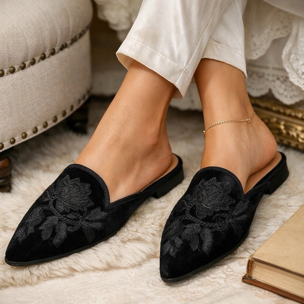 Fericzot Black Velvet Embroidered Mule Flats Pointed Toe Slip On Floral Shoes 6